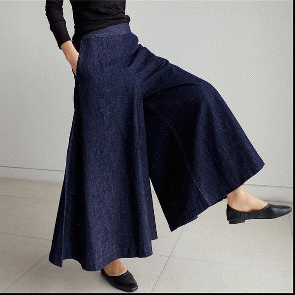 

high waist over length women jean pants lloose trousers pockets elastic wide leg denim qt208, Blue