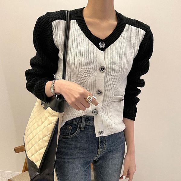 

women's knits & tees sueters mujer autumn retro v neck contrast color knit cardigan chic pull long sleeve sweater crop patchwork casual, White