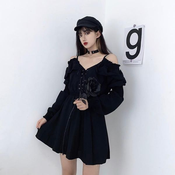 

casual dresses summer women dress fashion lace up black high waist pleated female off shoulder long sleeve gothic clothes, Black;gray