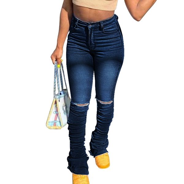 

womens jeans streetwear ruched ripped jeans blue high waist stacked denim pants autumn stretch skinny pockets boyfriend denim trousers