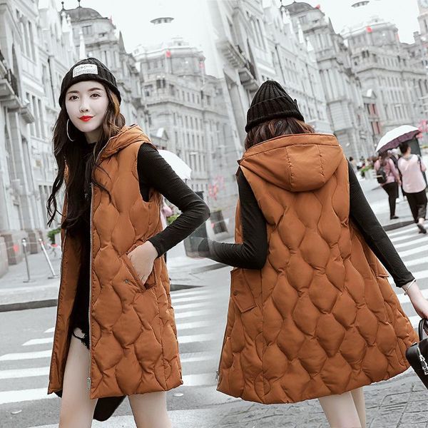 

women's vests autumn winter hooded vest women 2021 fashion waistcoat plus size pockets zipper slim long lady colete feminino, Black;white