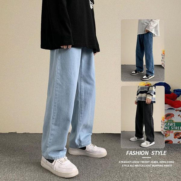 

men's jeans hip hop loose 2021 autumn streetwear straight baggy wide leg pants male brand trousers light blue