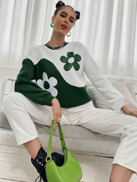 

floral print color block drop shoulder sweatshirt j3w0#, White;black