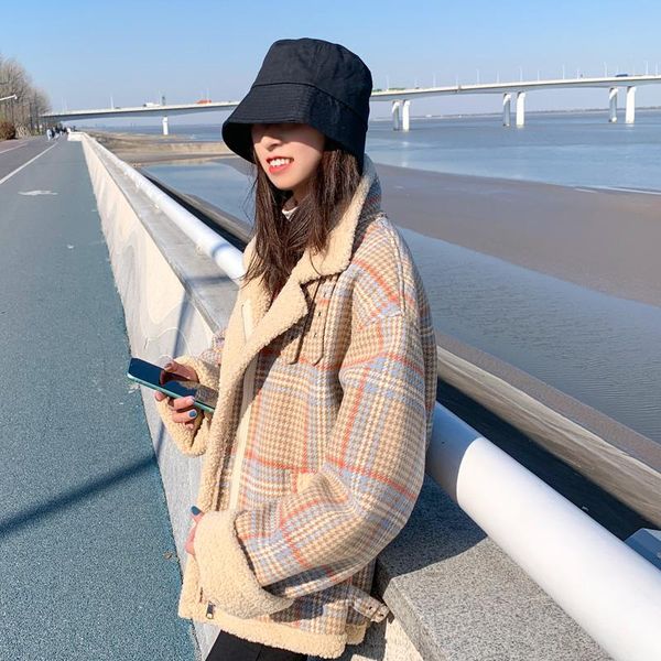 

women's jackets korean version of loose autumn and winter jacket cotton-padded 2021 wild lamb hair down, Black;brown