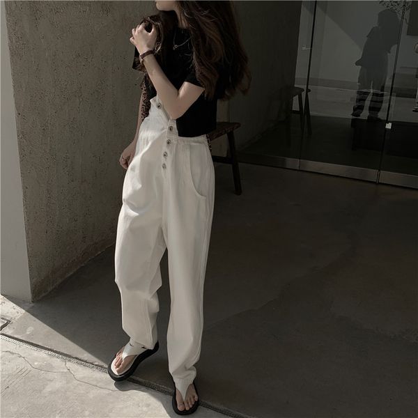 

white with a high waist straight leg-leg mop jeans design feel single leg wide dad strapped pants, Blue