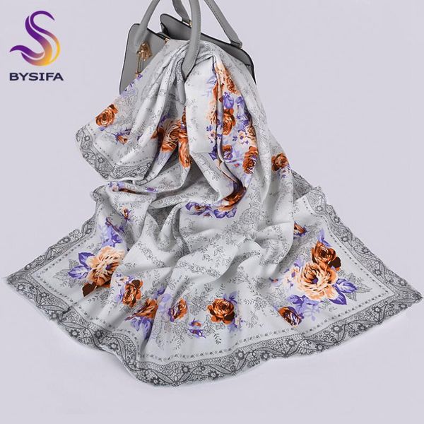 

scarves [bysifa] grey 35%silk 65%cashmere square printed women chinese roses design ladies scarf shawl fall winter neck scarve, Blue;gray