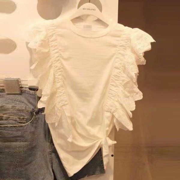 

spring lace patchwork solid o neck fly sleeve t-shirt women's casual fashion 210615, White