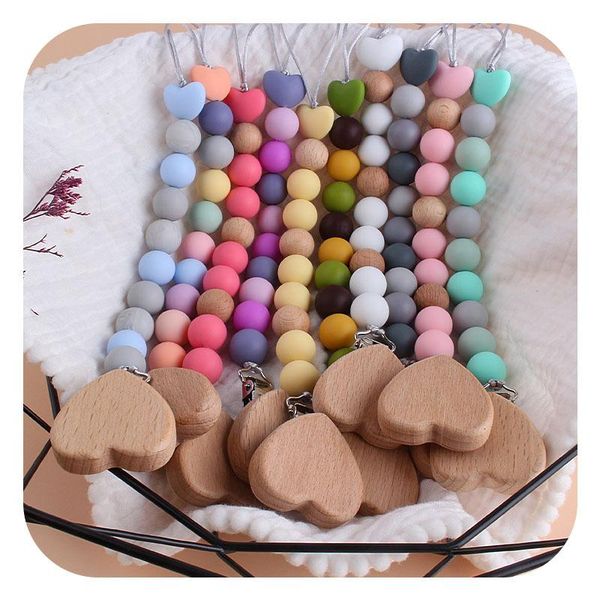 

beech wood nipple clip baby diy creative pacifier chain cartoon love silicone teether beads wooden sensory chewy necklace toys
