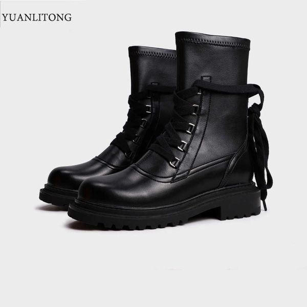 

2021 winter season thick soled martin boots middle tube fashion front lace up british elastic women's sho, Black