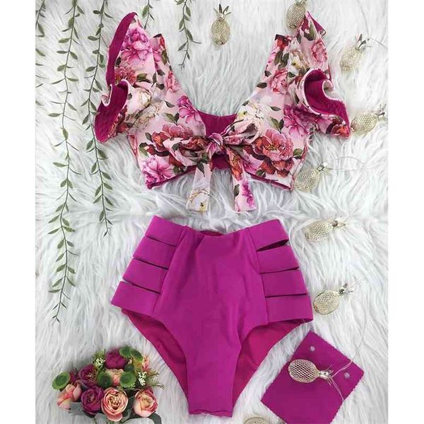 

high waist bikini ruffle swimwear women print swimsuit push up bikinis plus size bathing suits bow beach wear 210712, White;black