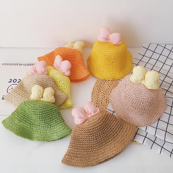 

summer baby sun hats lovely bow straw fisherman kids boys girls beach caps &, Yellow