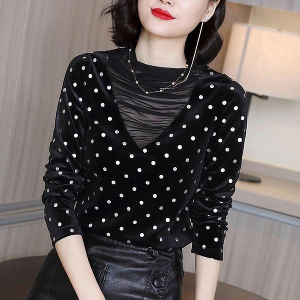 

women's blouses & shirts blouse women polka dot printed for autumn collar patchwork blusas ropa de mujer, White