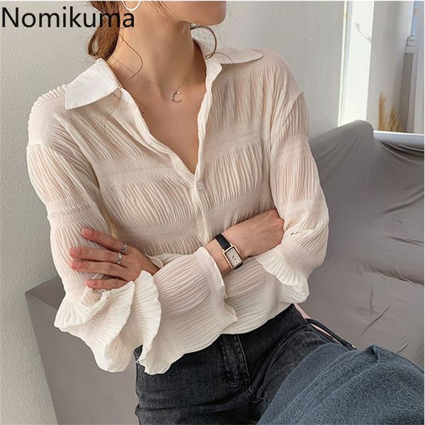 

nomikuma plus size 4xl chiffon shirt women summer camisas femme pleated design chic long sleeve blouse blusas mujer 210514, White