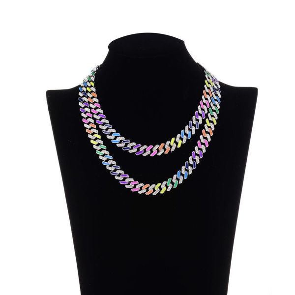 

Chains European And American Cuban Necklace 12mm Diamond Colorful Rainbow Fashion Street Hip Hop Men Women Necklaces, Silver