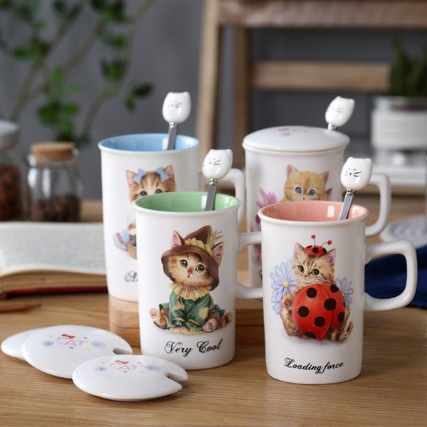 

mugs milk cup coffee ceramic mug with spoon lid breakfast printed cartoon cat pattern 340ml large capacity handle