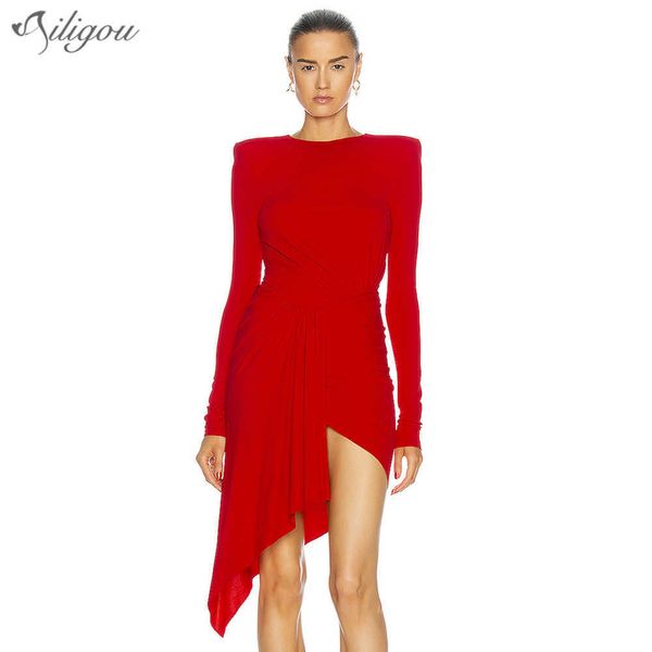 Mulher sexy desenhista em v desenhista de manga comprida algodão vermelho irregular elegante vestido senhoras festa de celebridade vestido 210527