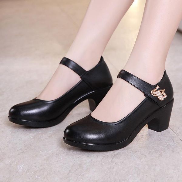 

flat shoes girls genuine leather women 2021 fashion round toe pumps ladies high heels black work shoe plus size32-43, Black;grey