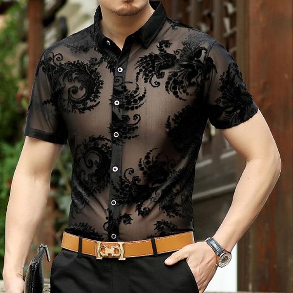 

men's casual shirts mens short sleeve single breasted see through silk jacquard black blue c5, White;black
