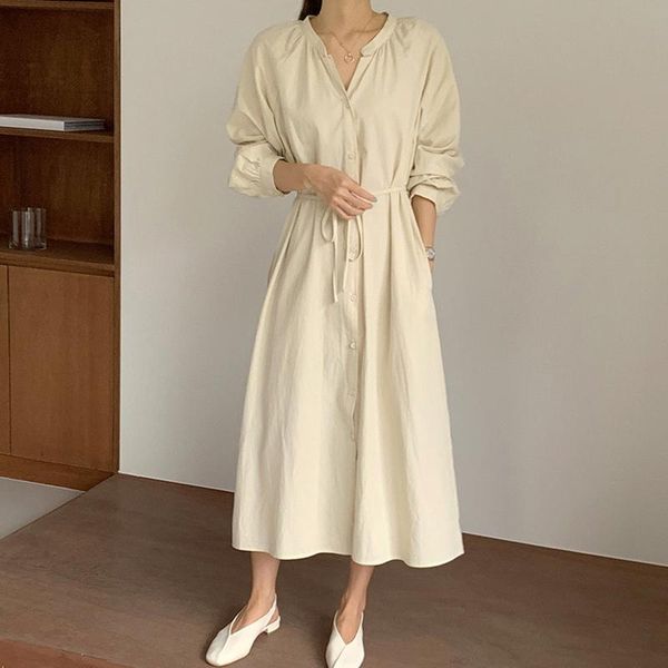 

casual dresses autumn long sleeve shirt dress women loose single-breasted solid lady lace up elegant vestidos 15819, Black;gray