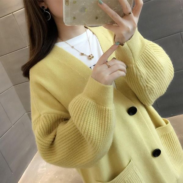 

women's knits & tees 2021 autumn winter loose mid length knitted sweater women 5 color cardigan big pocket v-neck long sleeve knit jack, White