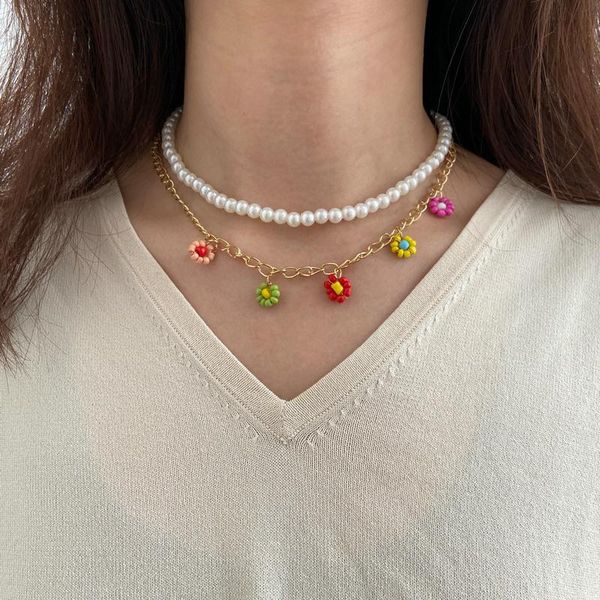 

chains double layer sweet colorful little daisy acrylic flowers boho beaded clavicle necklaces for women girls fashion jewelry, Silver