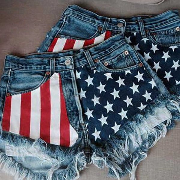 

jeans american flag tassel star print denim shorts, Blue