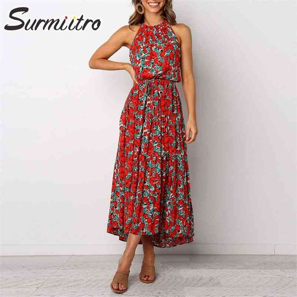 

boho women summer halter long dress floral print sleeveless sundress tunic beach party sun maxi female 210421, Black;gray