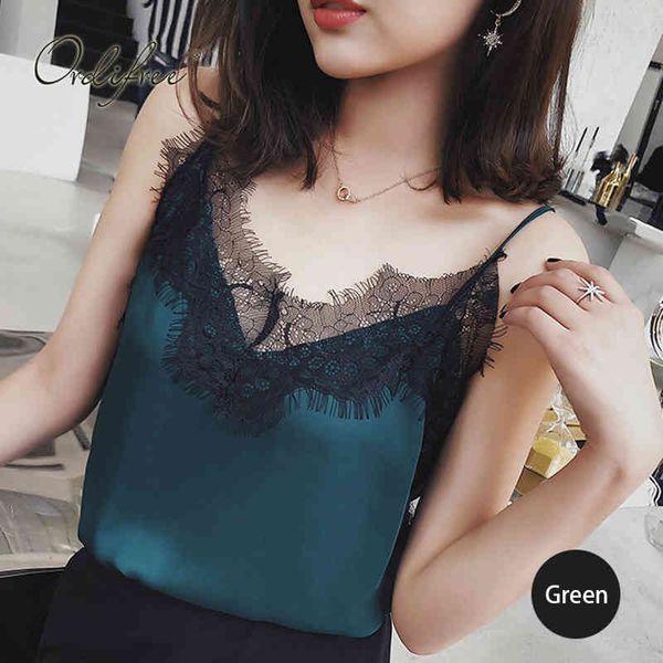 

summer women satin tank strap camis silk lace crochet vintage vest 210415, White