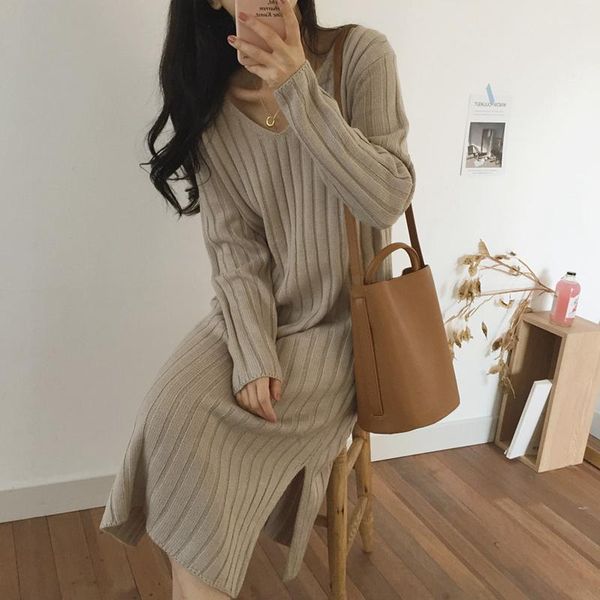 

casual dresses fitaylor autumn winter office lady v-neck solid color long sleeve knitting dress women elegant high waist mid-calf, Black;gray