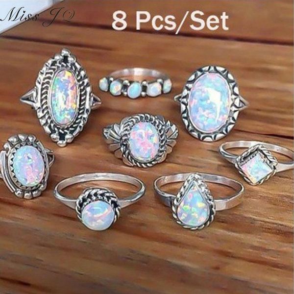 

cluster rings miss jq 8 pcs/set design vintage opal knuckle set for women boho geometric pattern flower party bohemian jewelry, Golden;silver