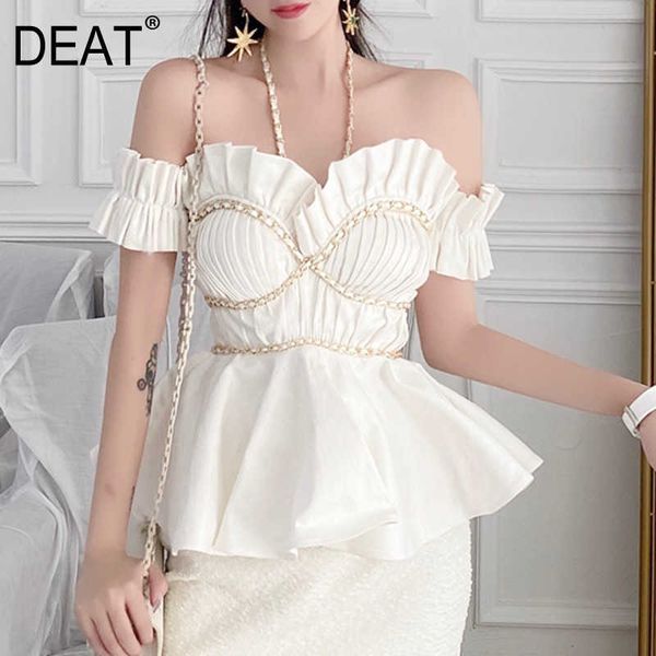 

[deat] summer fashion chain sleeveless card shoulder halter collar solid color elegant women shirt 13q294 210527, White