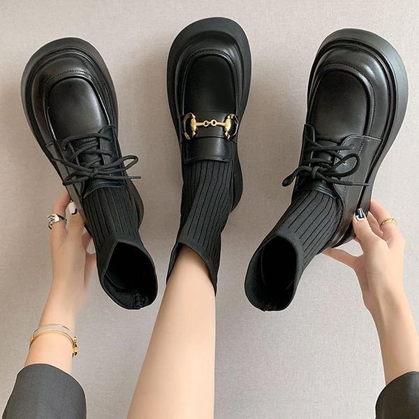 

boots british style short female socks pu leather shoes students handsome in tube jk, Black