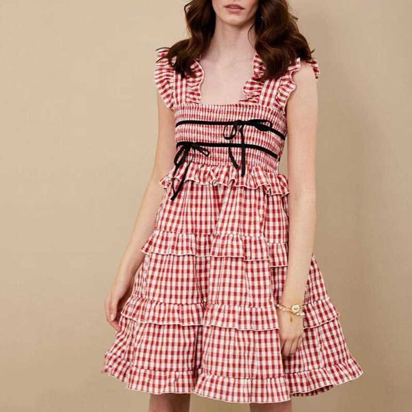 

fabpop summer design sleeveless square collar red plaid high waist knee length slim mid dress women gb307 210709, Black;gray
