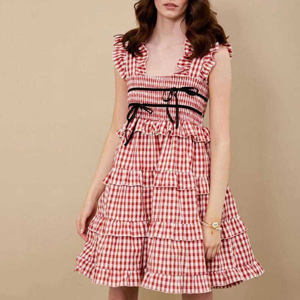 FABPOP Sommer Design Ärmelloses Quadrat Kragen Rot Plaid Hohe Taille Knie Länge Schlank Mid Kleid Frauen GB307 210709