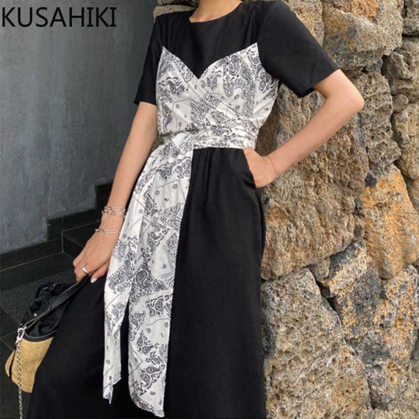 

vintage printing bow bandage slim waist woman dress short sleeve o-neck korean dresses summer vestidos 6g790 210603, Black;gray