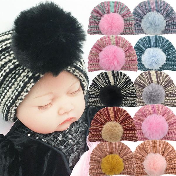 

caps & hats knitted winter baby hat for girls colorful bonnet enfant big pompom infant kids beanie turban bown cap, Yellow