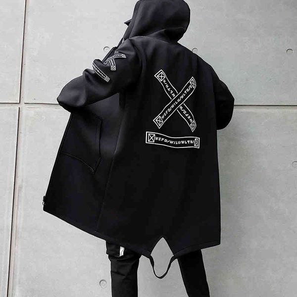 

men's jackets fojaganto autumn hooded mid-length trendy windbreaker pure color hip-hop high street loose cardigan men jksf, Black;brown