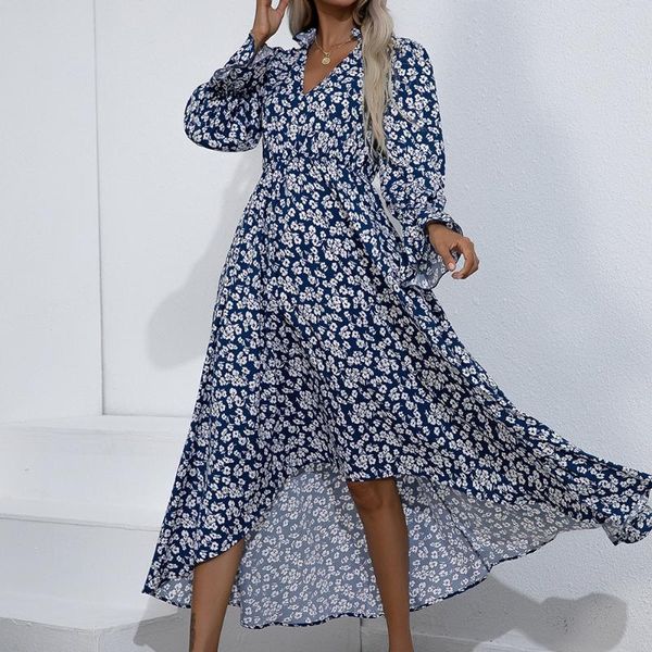 

casual dresses office lady autumn flowers midi dress women long flare sleeve v-neck high waist a-line floral fashion clothes, Black;gray