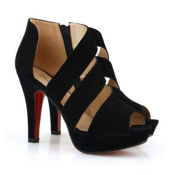 

sandals summer nightclub high heels roman platform fish mouth side zipper thin heel hollow women's shoes rs7b, Black