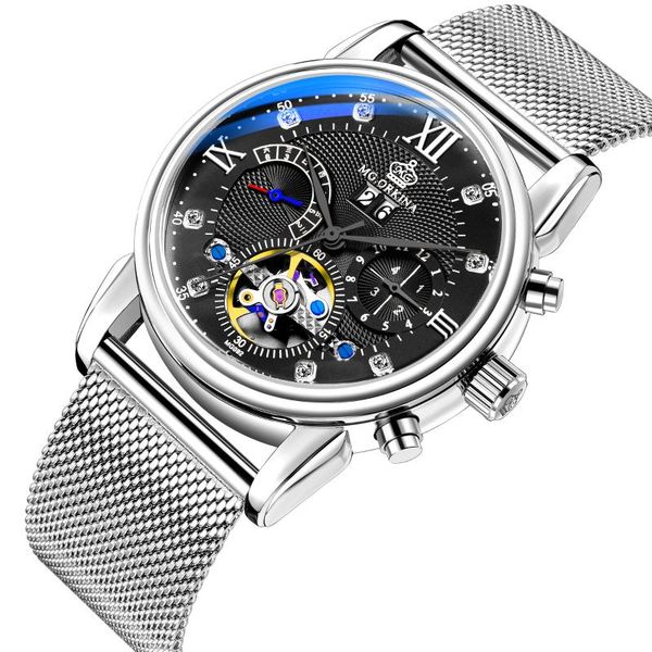 

wristwatches zegarek meski montre homme fashion automatic mechanical mens flying tourbillon watches man clock, Slivery;brown