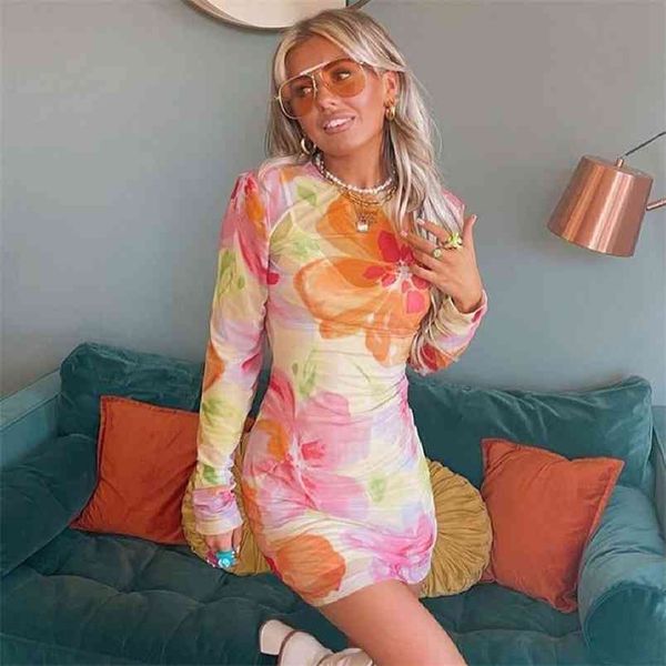 

floral printed summer see through y2k dresses women long sleeve tie dye bodycon mini sundress party dress beachwear outfits 210510, Black;gray