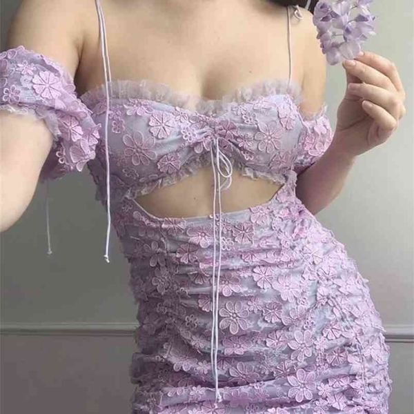 

women floral embroidery drawstring adjustable strap mini dress vintage lace hollow out slash neck draped dresses 210531, Black;gray