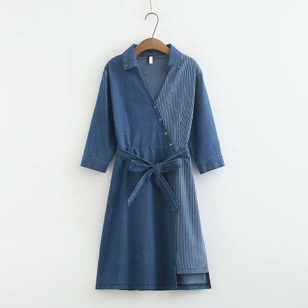 

casual dresses denim dress autumn winter women cotton plus size patchwork full sleeve ladies oversized belt female 5xl, Black;gray