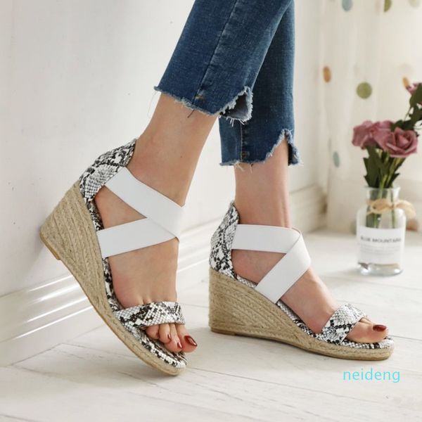 

slope heel 35-43 sandals summer new large snake elastic cross strap women's shoes 2021, Black