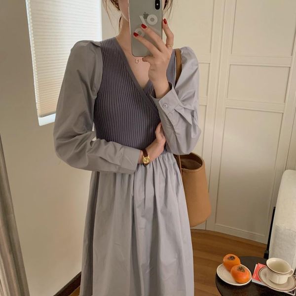 

alien kitty 2021 retro women dresses knit solid patchwork v-neck long sleeves autumn mid-calf elegant cotton vestidos casual, Black;gray