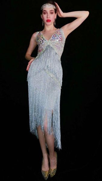 

casual dresses sparkly rhinestone fringe women stretch singer nightclub dancer celebrate prom party birthday outfit stage dress, Black;gray