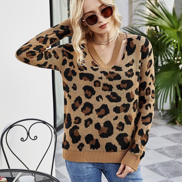 

women's sweaters winter long sleeve leopard print v neck pullover knitwear cross border 2021 autumn woman clothing, White;black