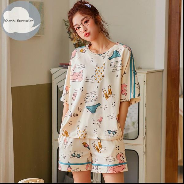 

summer knitted cotton pajama womens sleepwears set couple cartoon nightwear sets pajamas lovely sleepwear  2xl home fashion, Black;red