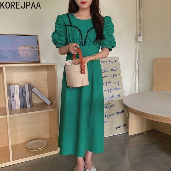 

korejpaa women dress summer korean chic french temperament pleated lace crochet stitching slimming puff sleeve vestidos 210526, Black;gray