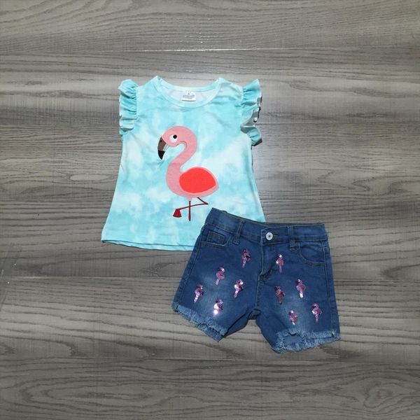 

summer baby girls children clothes outfits set boutique tie dye flamingo denim jeans shorts cotton, White